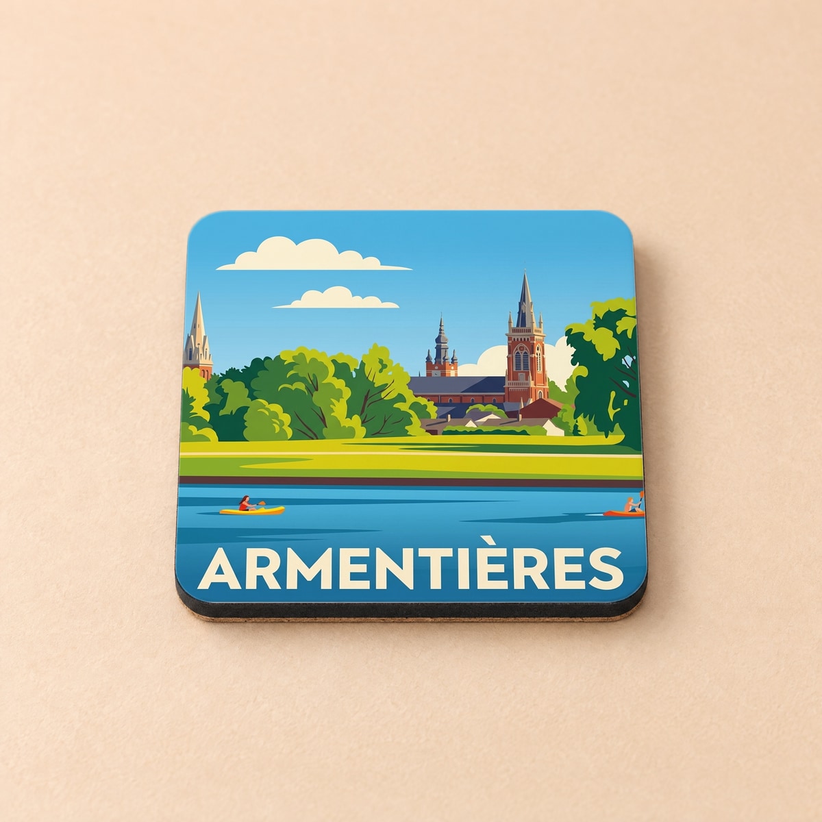 Dessous de verre souvenir de la ville d'Armentières avec une illustration stylisée d'un paysage urbain au bord de l'eau.