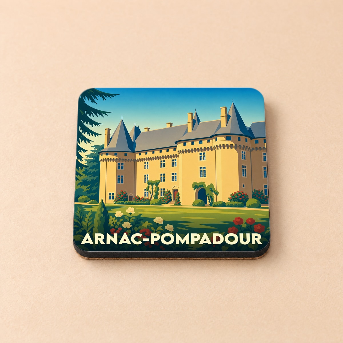 Dessous de verre souvenir de la ville d'Arnac-Pompadour avec une illustration stylisée de son château.