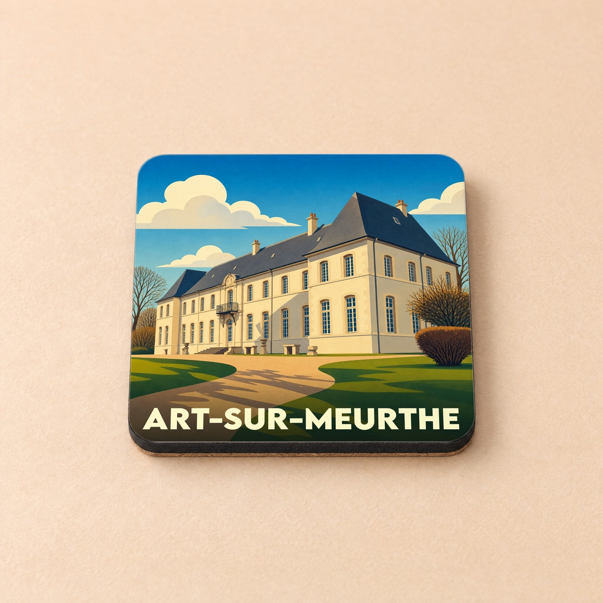 Dessous de verre souvenir de la ville de Art-sur-Meurthe avec une illustration stylisée de son château.