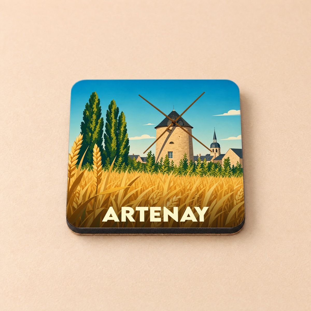 Dessous de verre souvenir de la ville d'Artenay avec une illustration stylisée d'un moulin et d'un champ de blé.