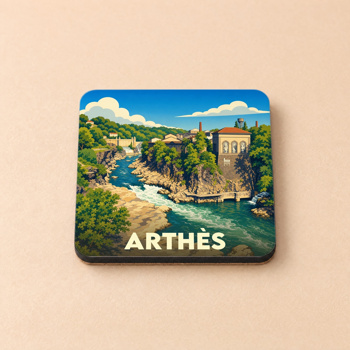 Dessous de verre souvenir de la ville d'Arthès avec une illustration stylisée de sa rivière et de son patrimoine.