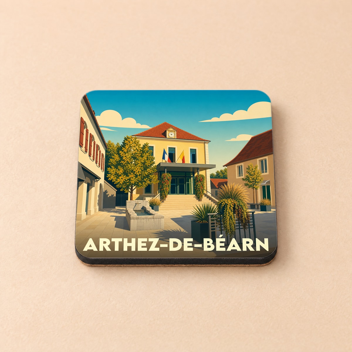 Dessous de verre souvenir de la ville d'Arthez-de-Béarn avec une illustration stylisée de sa place centrale.