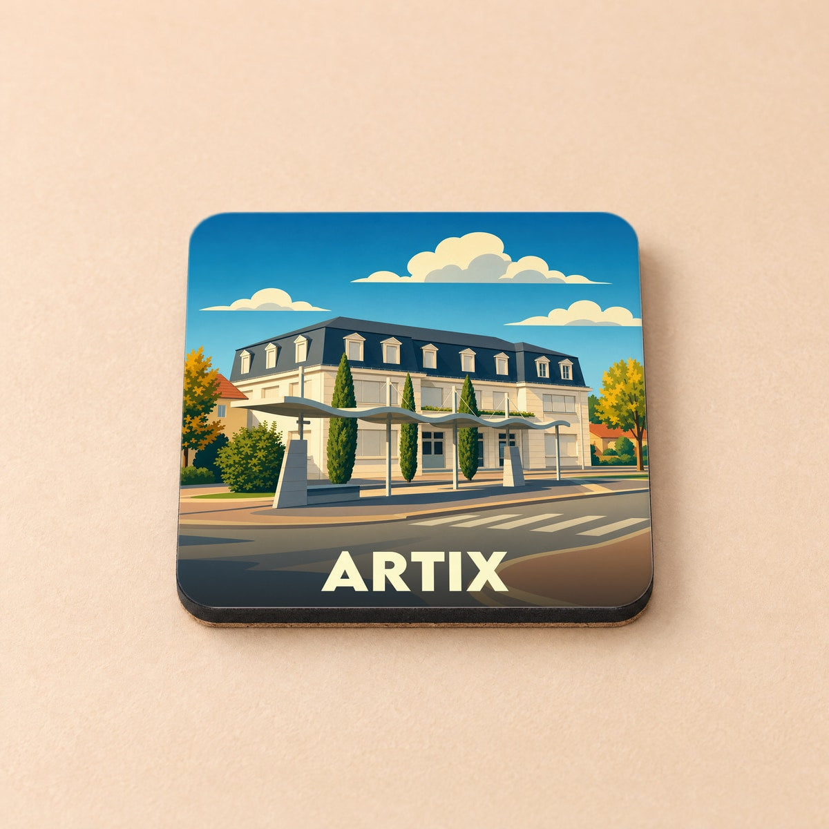 Dessous de verre souvenir de la ville d'Artix avec une illustration stylisée de sa mairie.