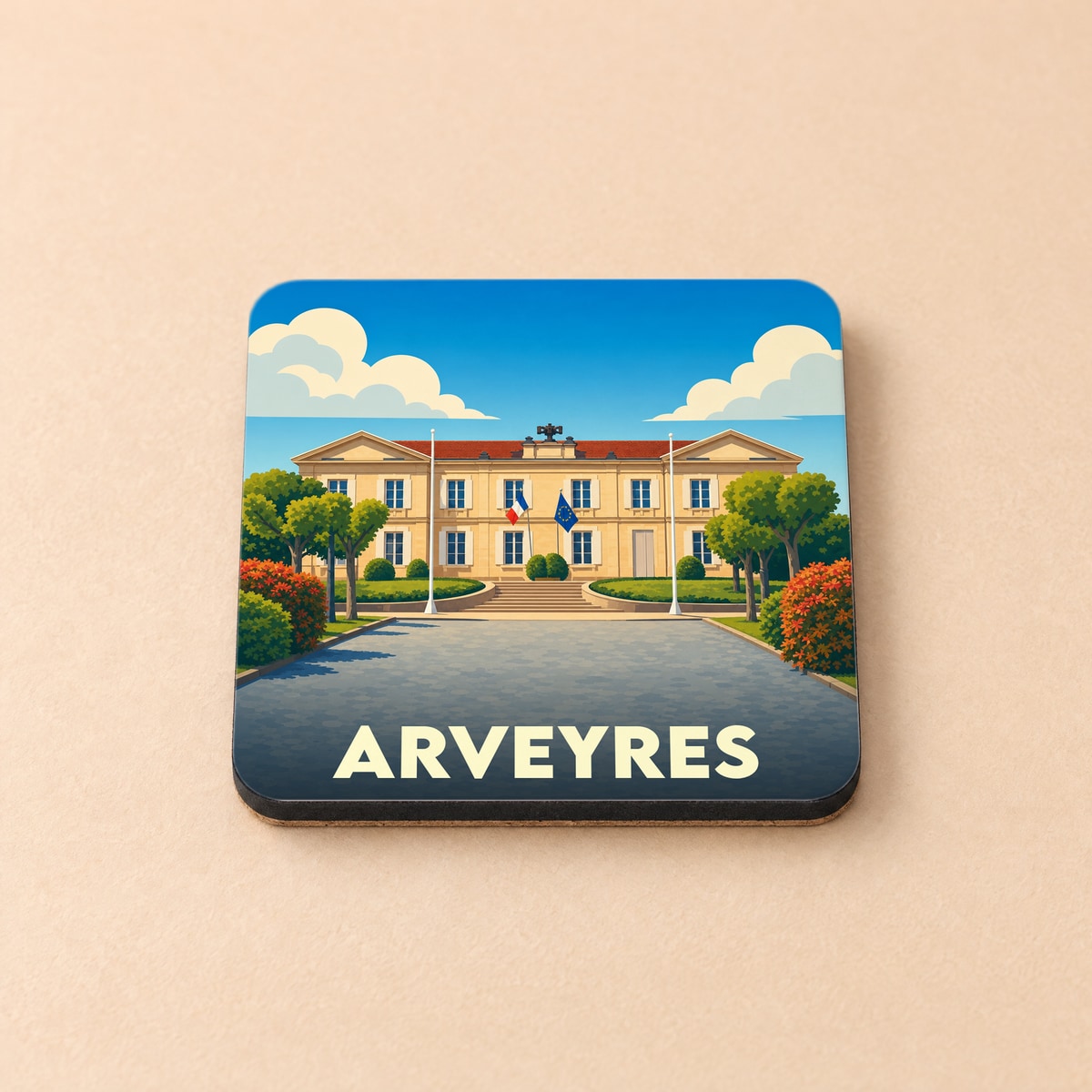 Dessous de verre souvenir de la ville d'Arveyres illustrant sa mairie dans un style graphique épuré.