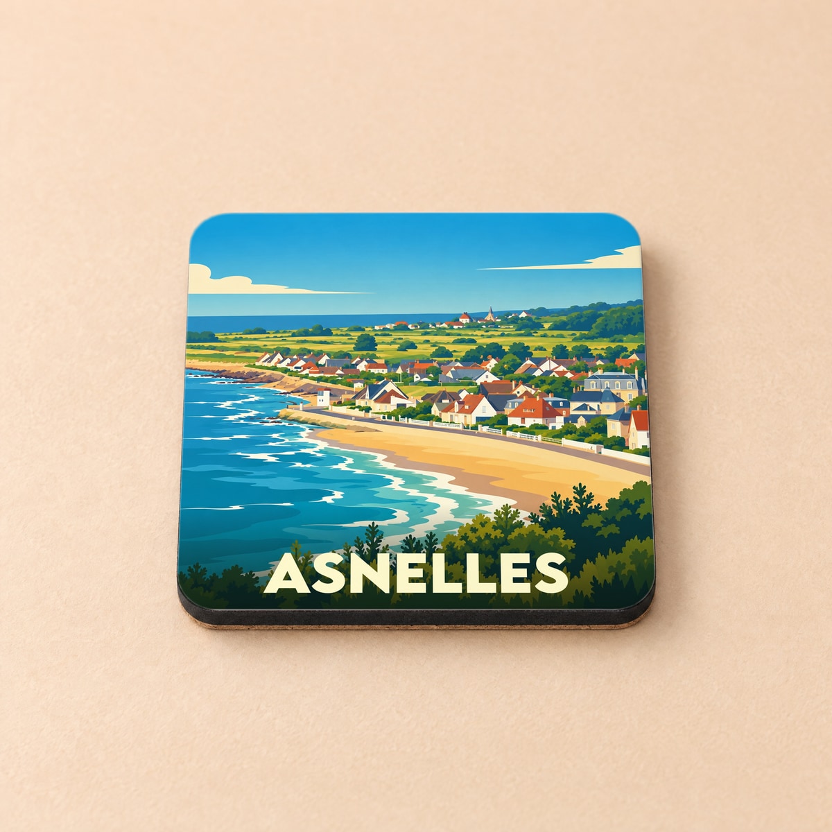 Dessous de verre souvenir de la ville d'Asnelles avec une illustration stylisée du bord de mer.