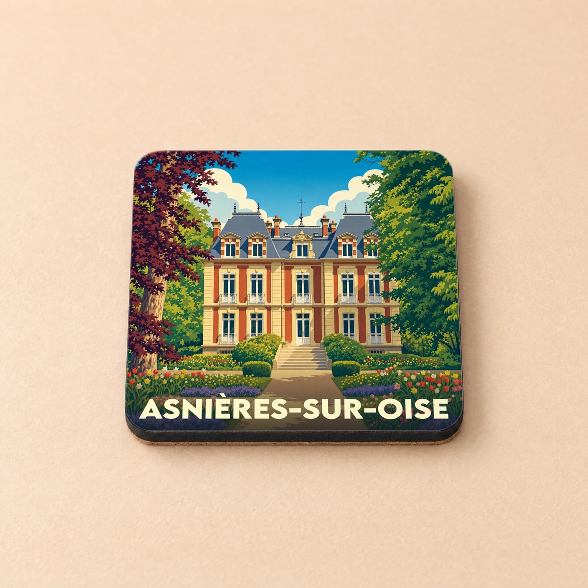 Dessous de verre souvenir de la ville d'Asnières-sur-Oise avec une illustration stylisée d'un château entouré de jardins.