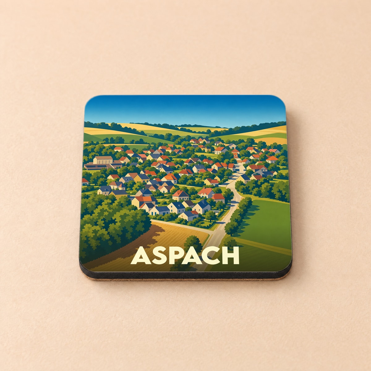 Dessous de verre souvenir de la ville d'Aspach avec une illustration stylisée et colorée.