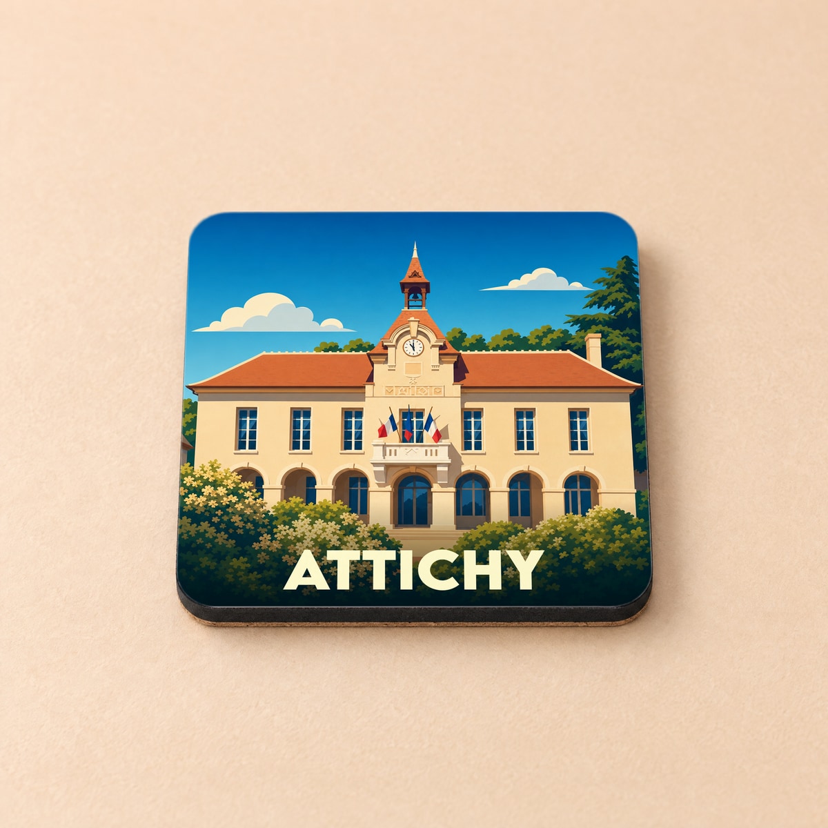 Dessous de verre souvenir de la ville d'Attichy illustré d'un bâtiment officiel de style classique.