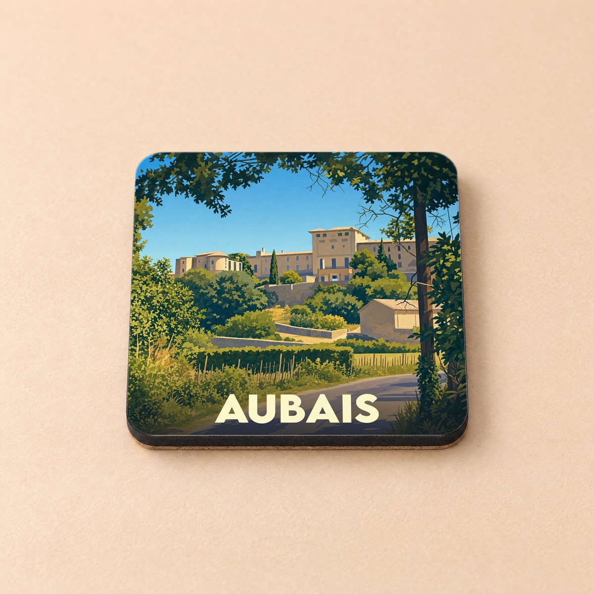 Dessous de verre souvenir de la ville d'Aubais avec une illustration stylisée de son château et de sa végétation.