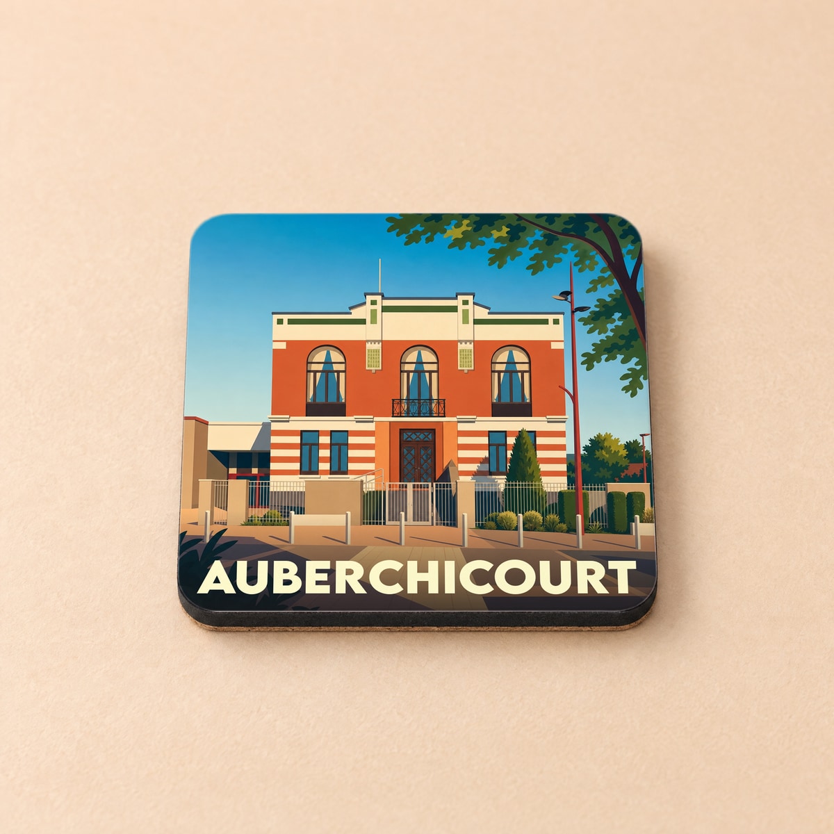 Dessous de verre souvenir de la ville d'Auberchicourt illustré d'un bâtiment remarquable dans un style graphique épuré.