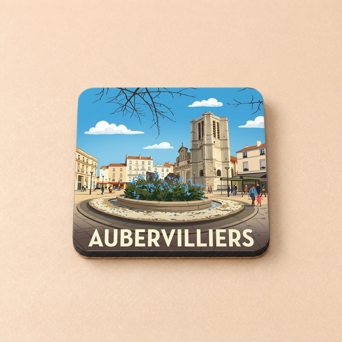 Dessous de verre souvenir de la ville d'Aubervilliers avec une illustration stylisée de son centre-ville.