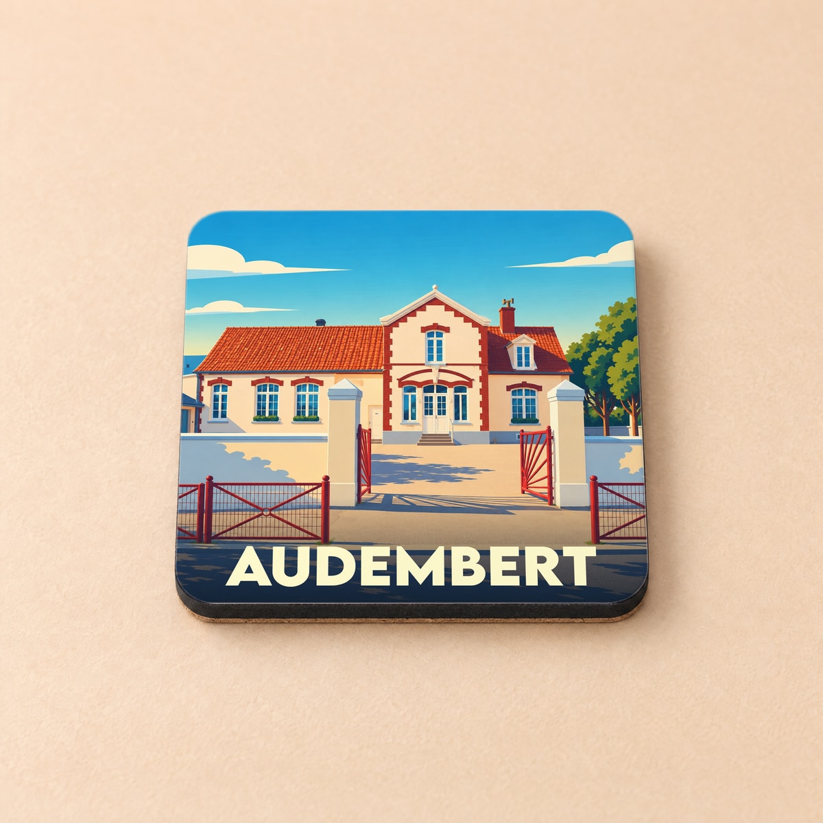 Dessous de verre souvenir de la ville d'Audembert avec une illustration stylisée de sa mairie.