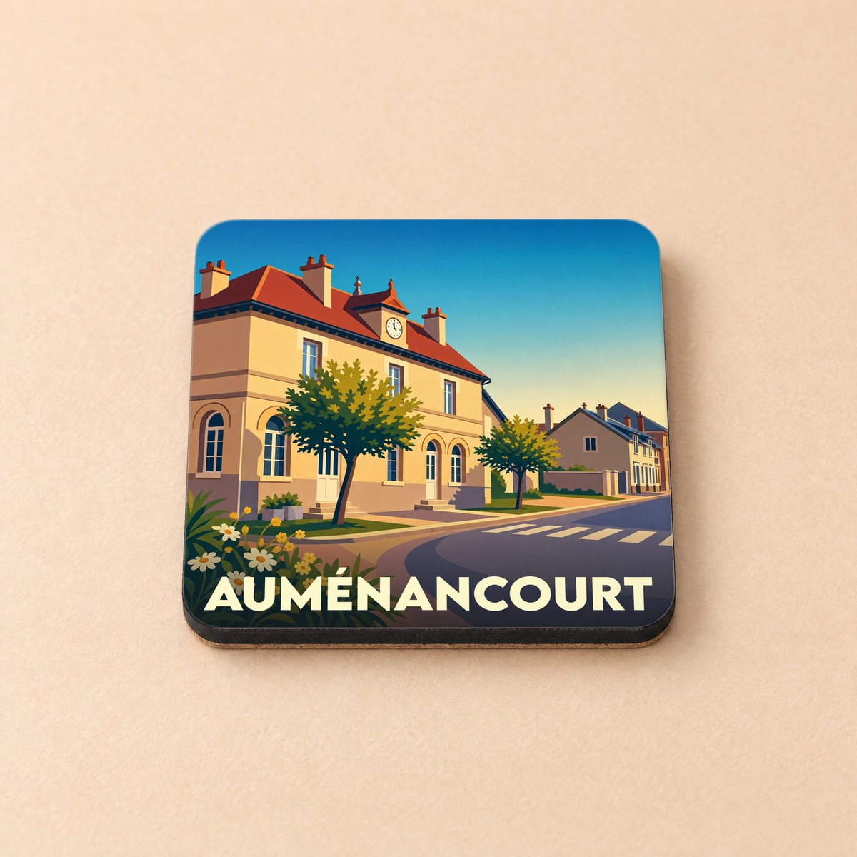 Dessous de verre souvenir de la ville d'Auménancourt avec une illustration stylisée de sa mairie.