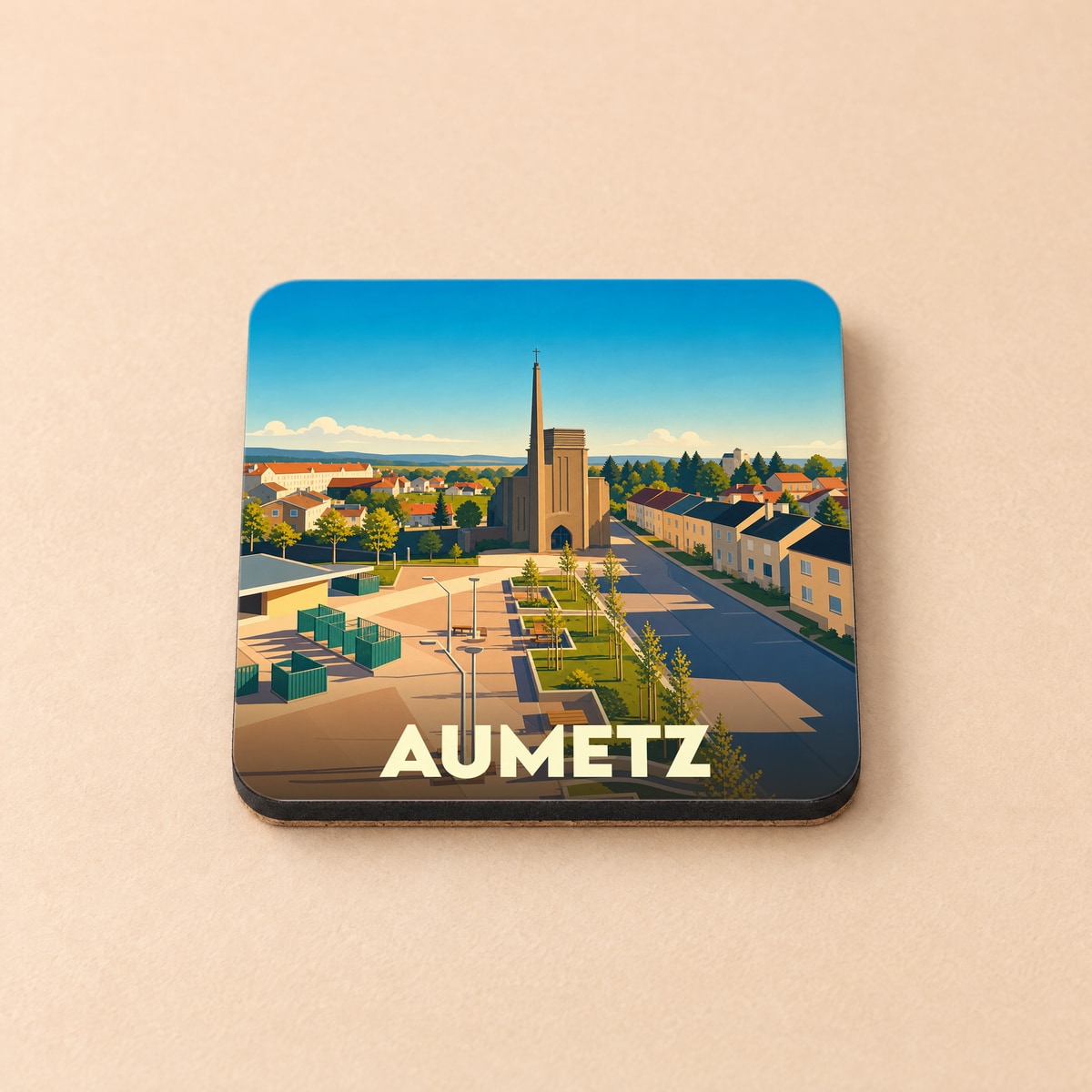 Dessous de verre souvenir de la ville d'Aumetz avec une illustration stylisée de son église et de ses rues.