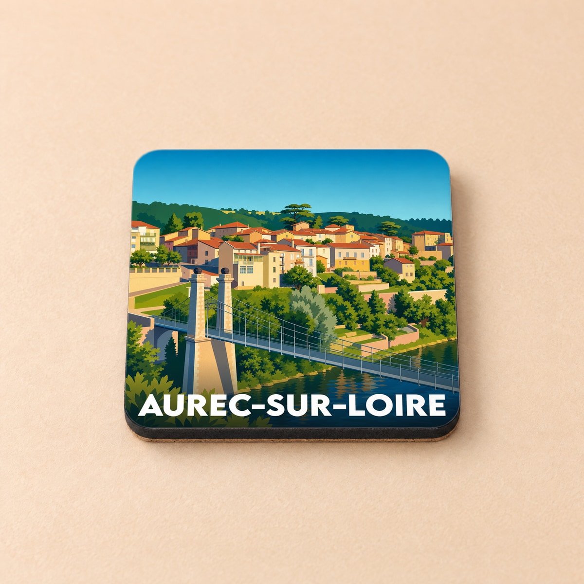 Dessous de verre souvenir d'Aurec-sur-Loire illustré d'un paysage urbain stylisé avec son pont emblématique.