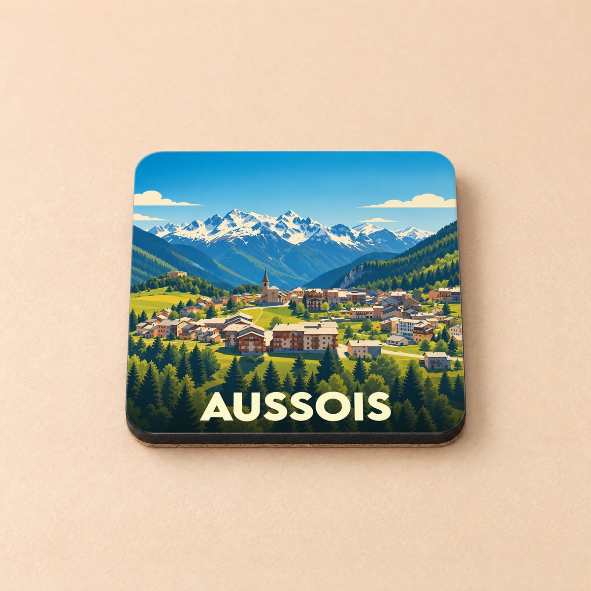 Dessous de verre souvenir de la ville d'Aussois avec une illustration stylisée de montagne.