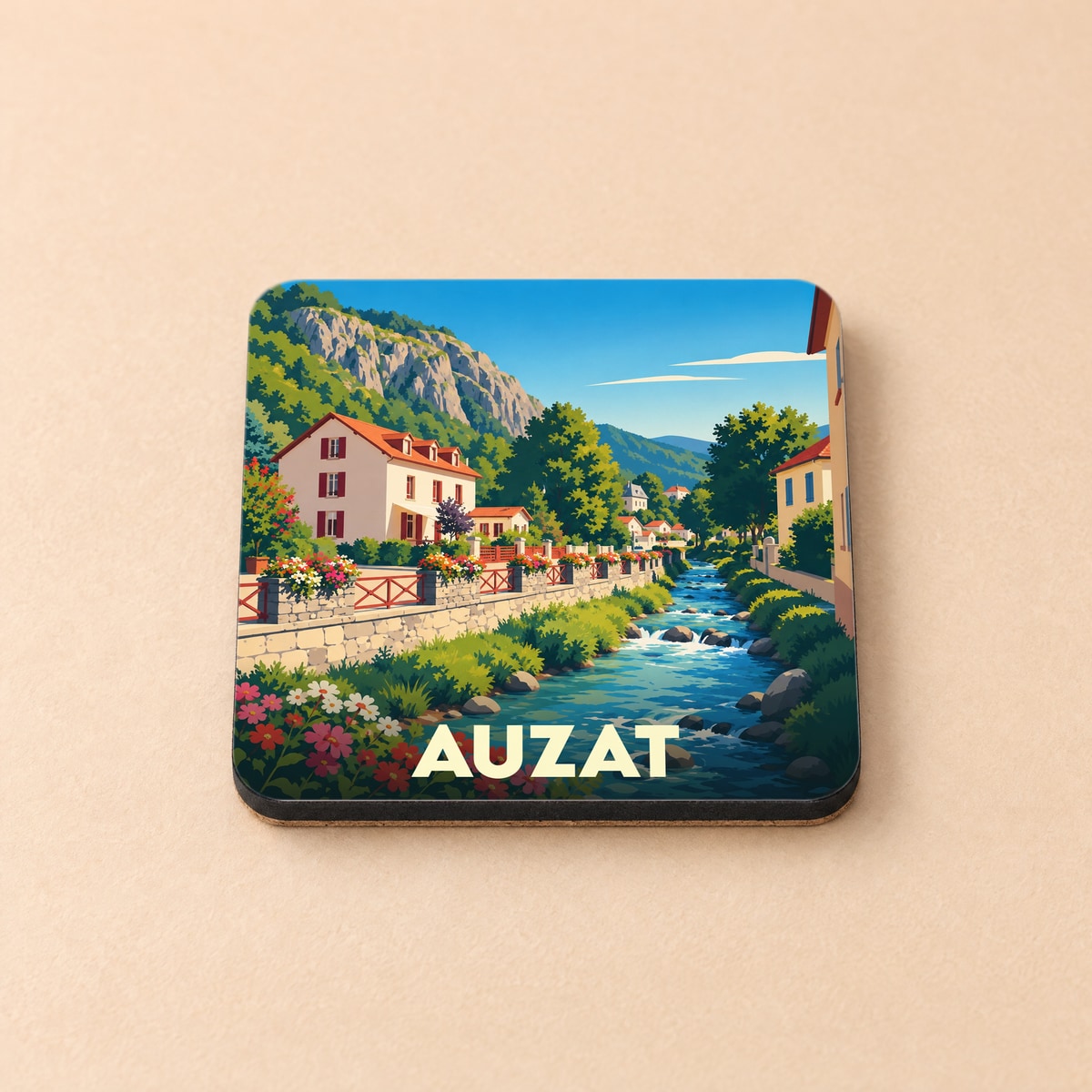 Dessous de verre souvenir de la ville d'Auzat illustrant un paysage de montagne traversé par une rivière.
