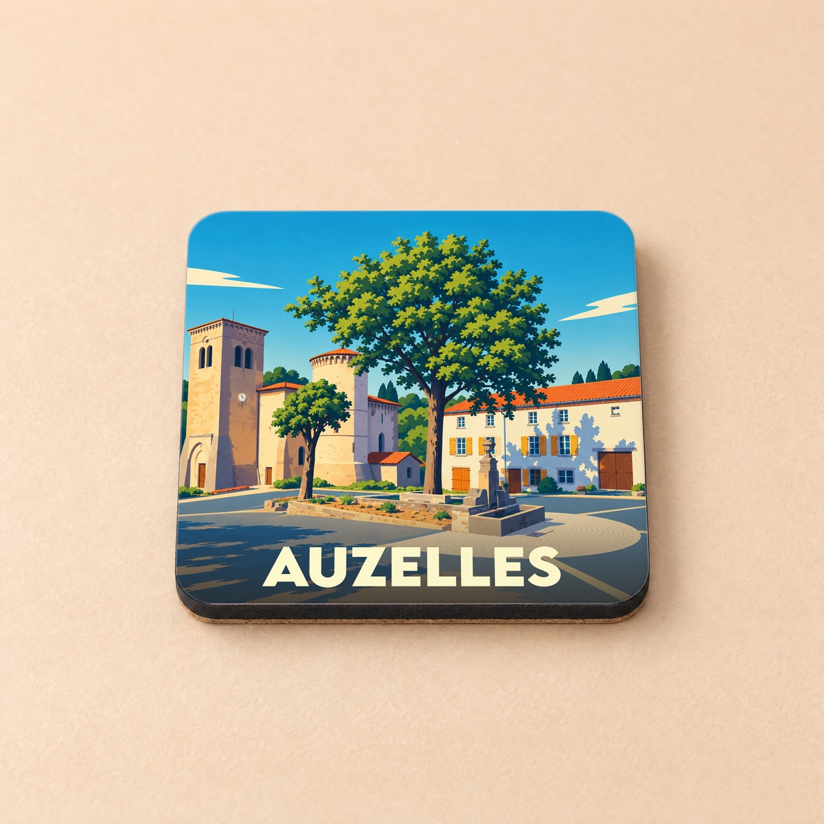 Dessous de verre souvenir de la ville de Auzelles avec une illustration stylisée.