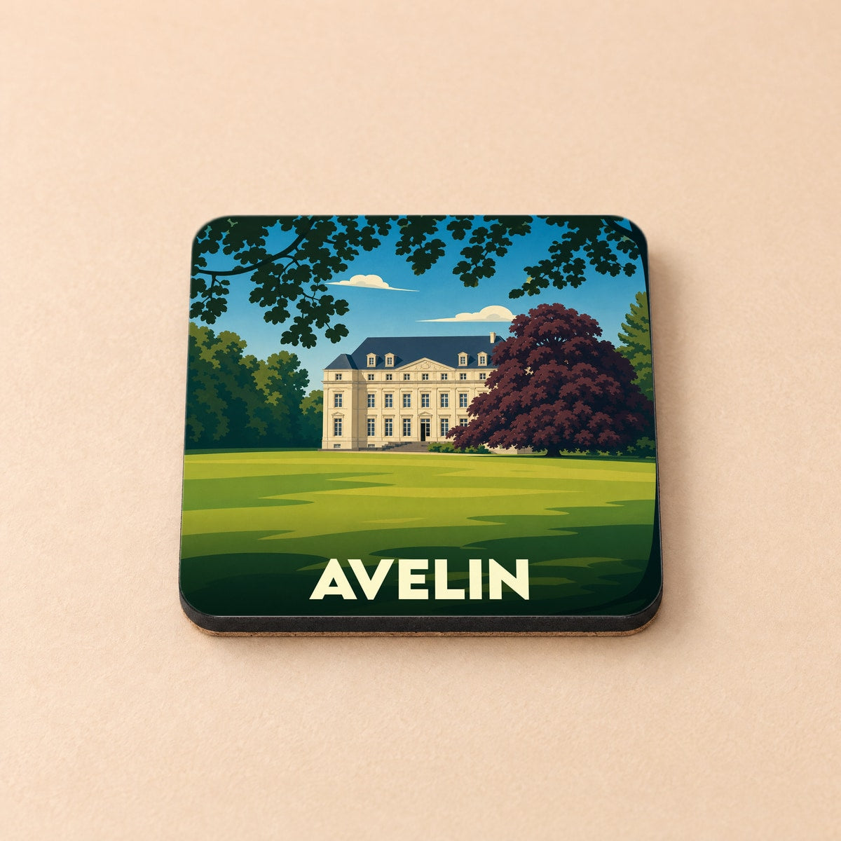 Dessous de verre souvenir de la ville de Avelin arborant une illustration stylisée d'un château.