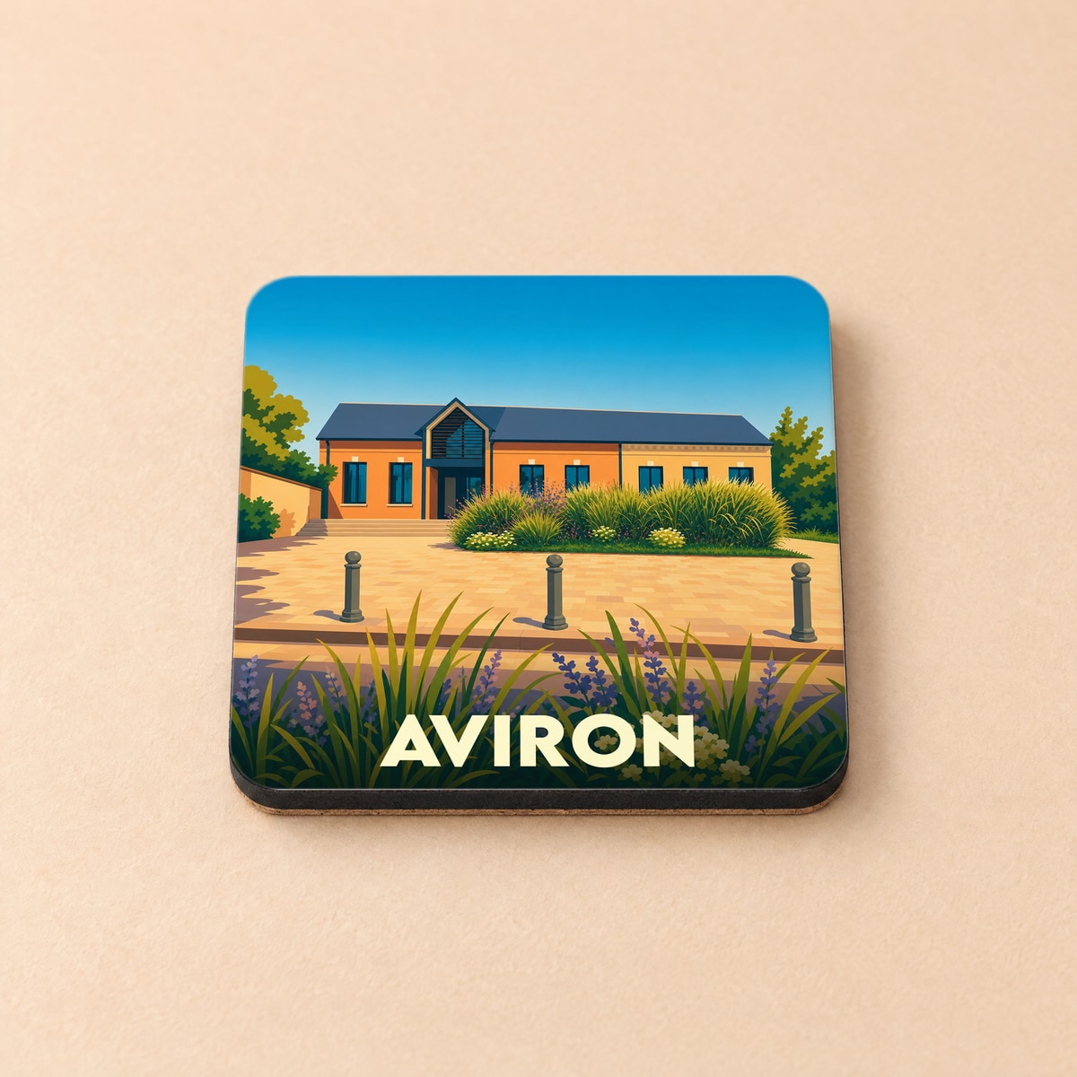 Dessous de verre souvenir de la ville d'Aviron avec une illustration stylisée d'un bâtiment moderne sous un ciel bleu.