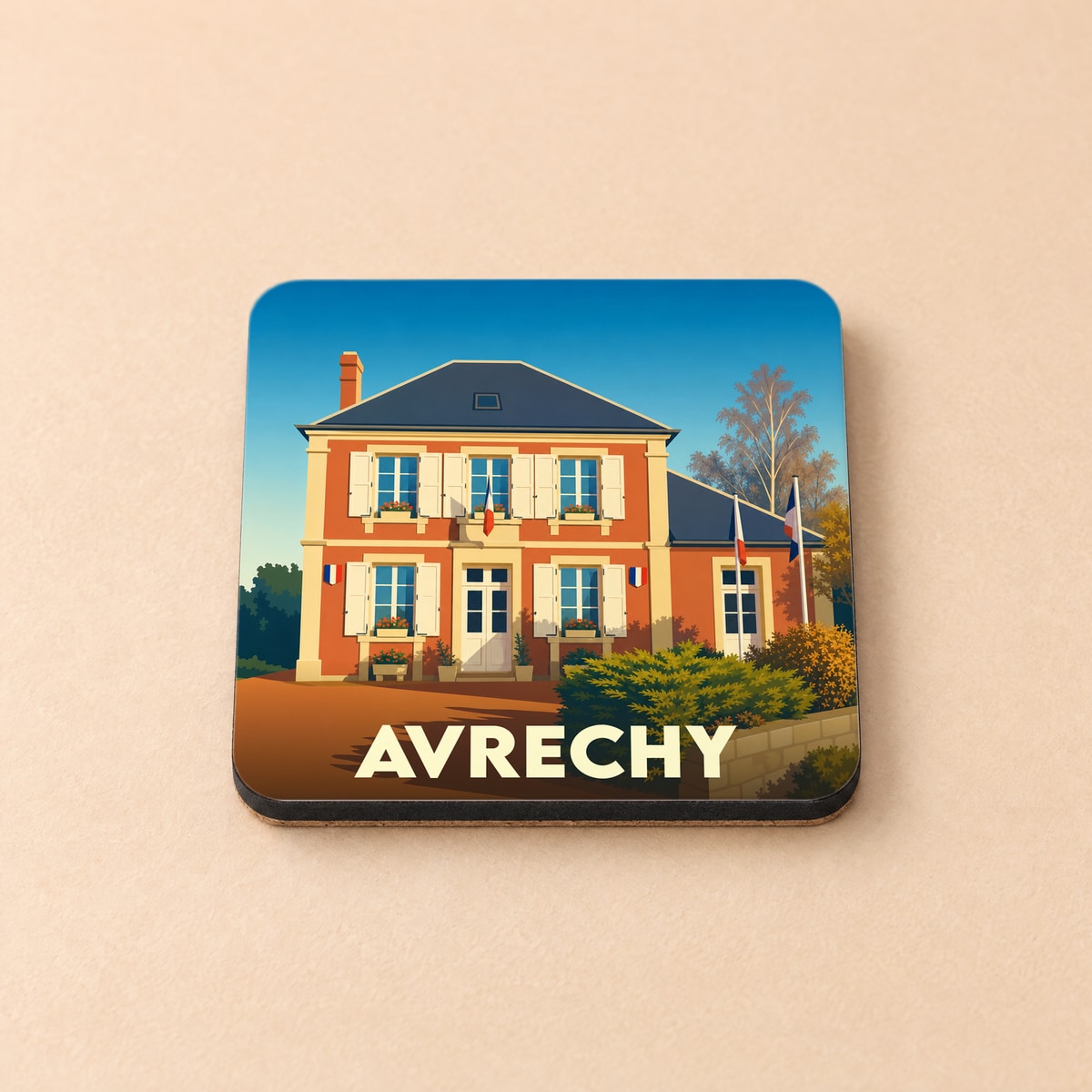 Dessous de verre souvenir de la ville d'Avrechy illustrant une mairie française stylisée.