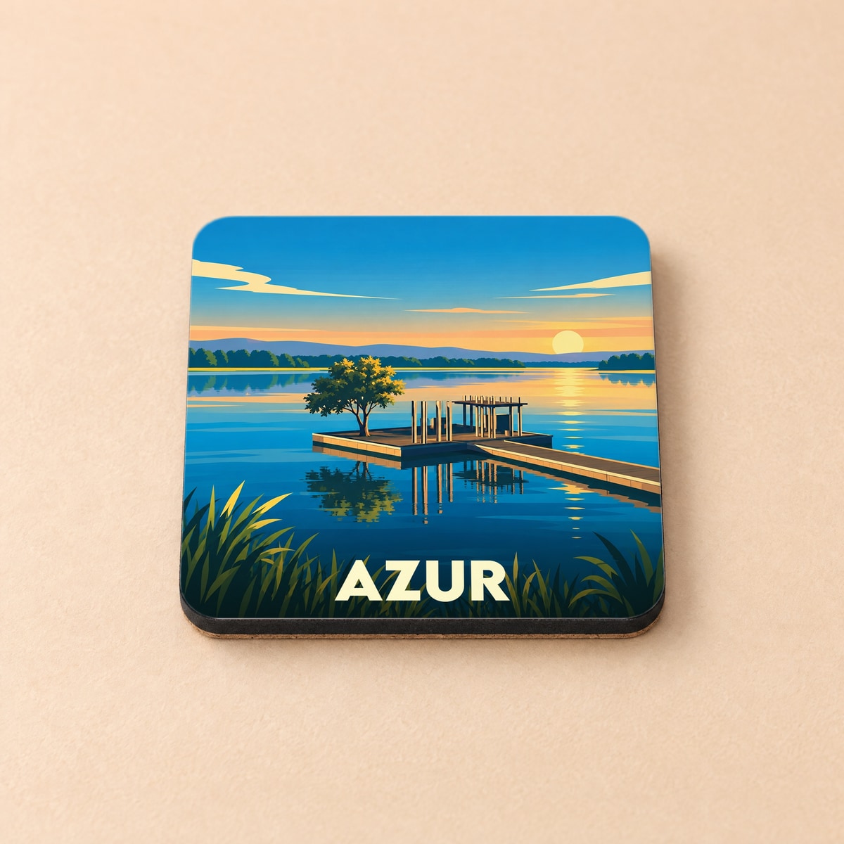 Dessous de verre souvenir de la ville d'Azur avec une illustration stylisée d'un lac au coucher du soleil.