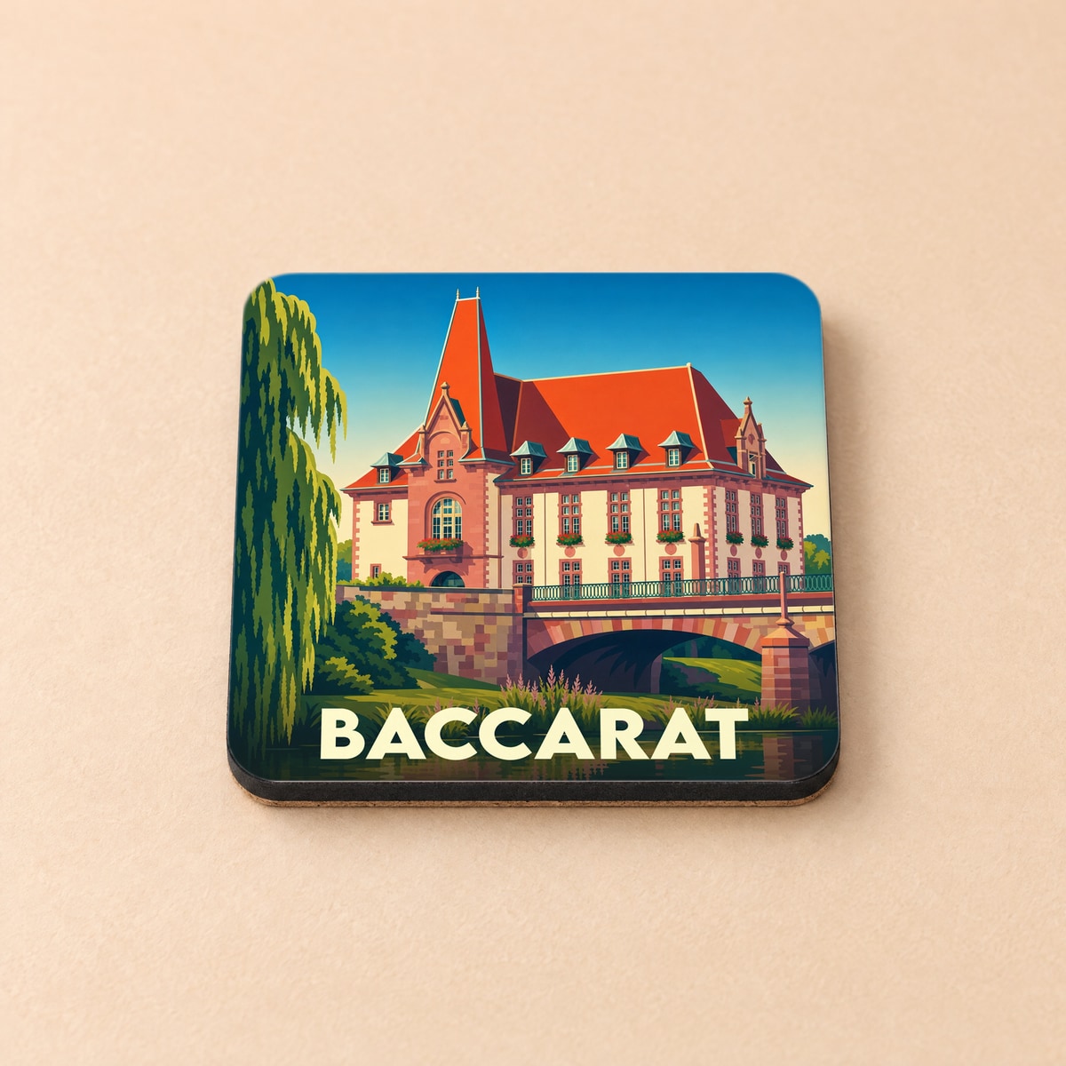 Dessous de verre souvenir de la ville de Baccarat avec une illustration stylisée de son patrimoine.
