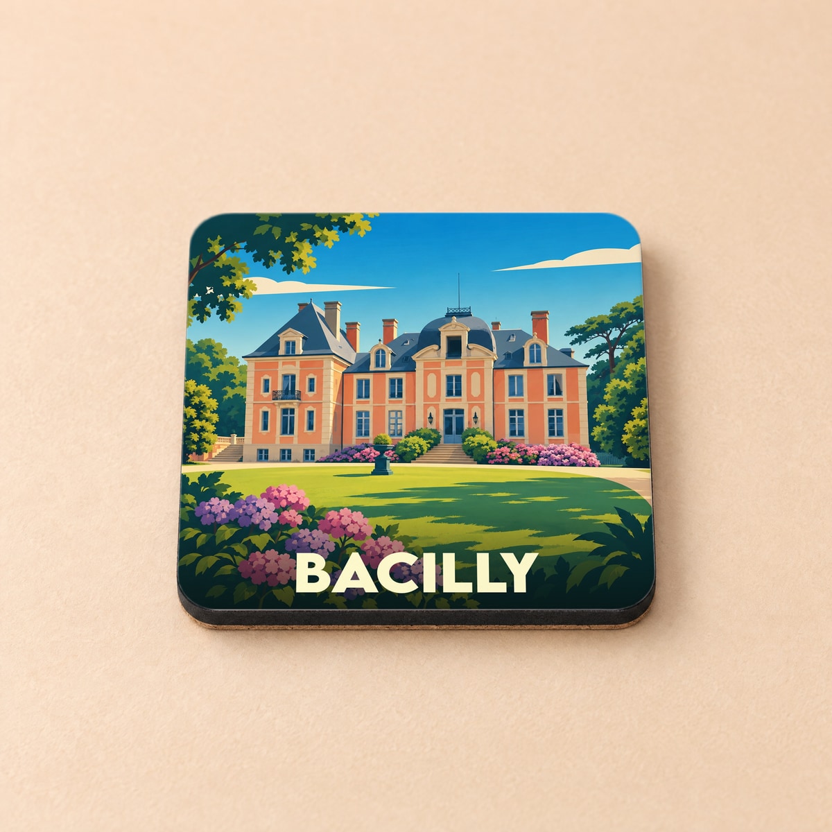 Dessous de verre souvenir de la ville de Bacilly avec une illustration stylisée d'un château entouré de jardins.