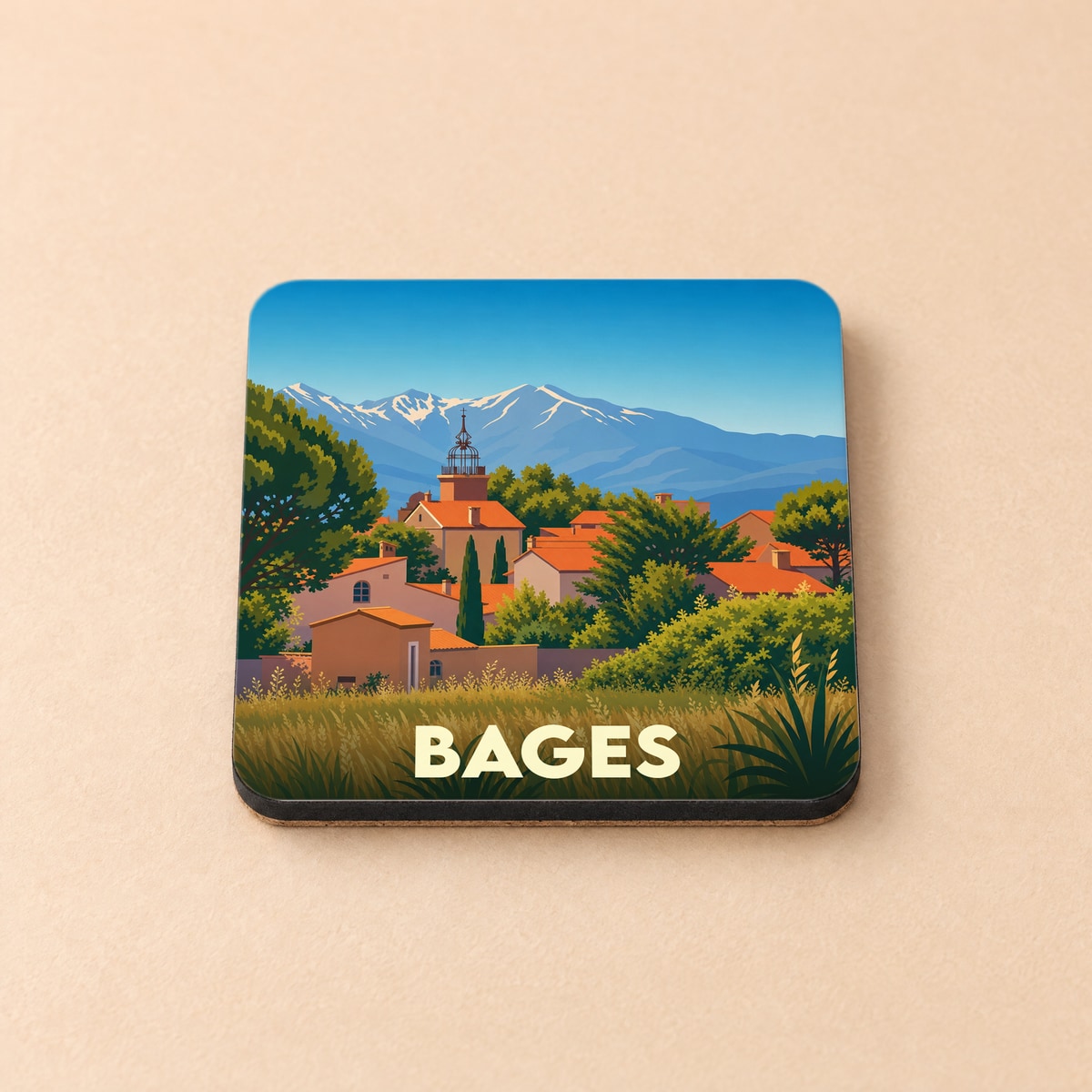 Dessous de verre souvenir de la ville de Bages avec une illustration stylisée.