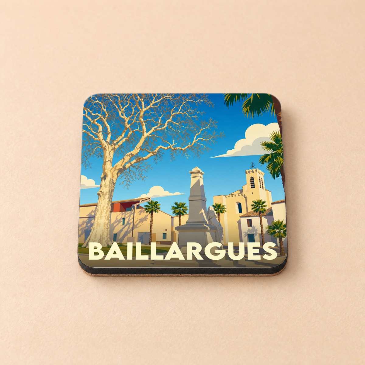 Dessous de verre souvenir de la ville de Baillargues avec une illustration stylisée et colorée.