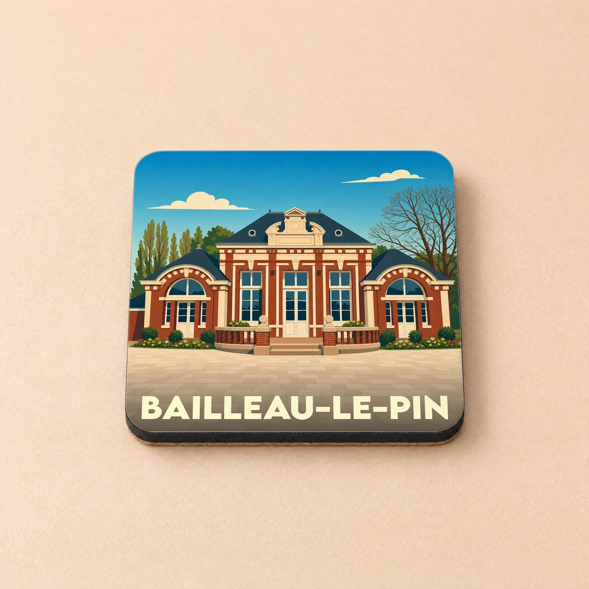 Dessous de verre souvenir de la ville de Bailleau-le-Pin avec une illustration stylisée de sa mairie.