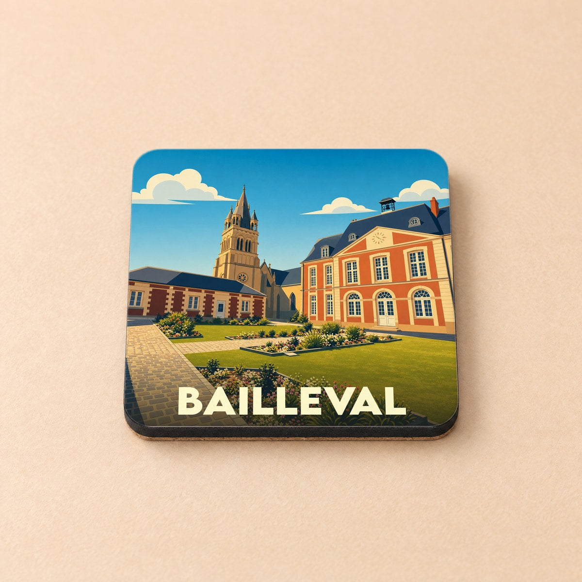 Dessous de verre souvenir de la ville de Bailleval avec une illustration stylisée de son patrimoine architectural.