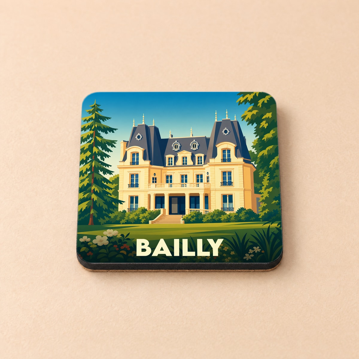 Dessous de verre souvenir de la ville de Bailly avec une illustration stylisée d'un château.