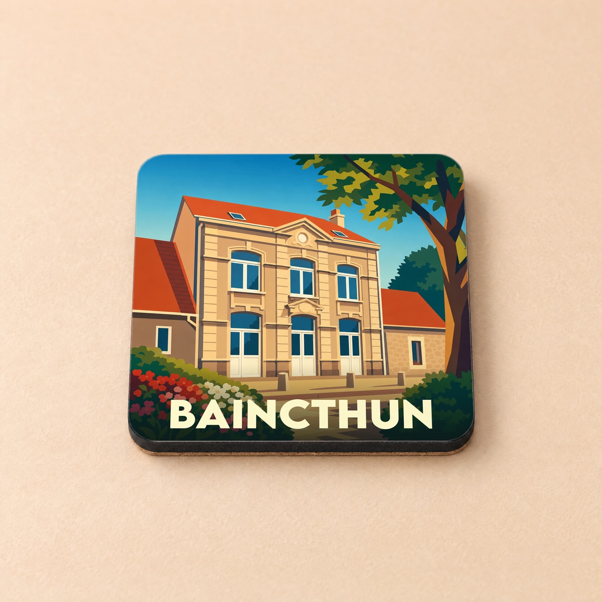 Dessous de verre souvenir de la ville de Baincthun avec une illustration stylisée d'un bâtiment remarquable.