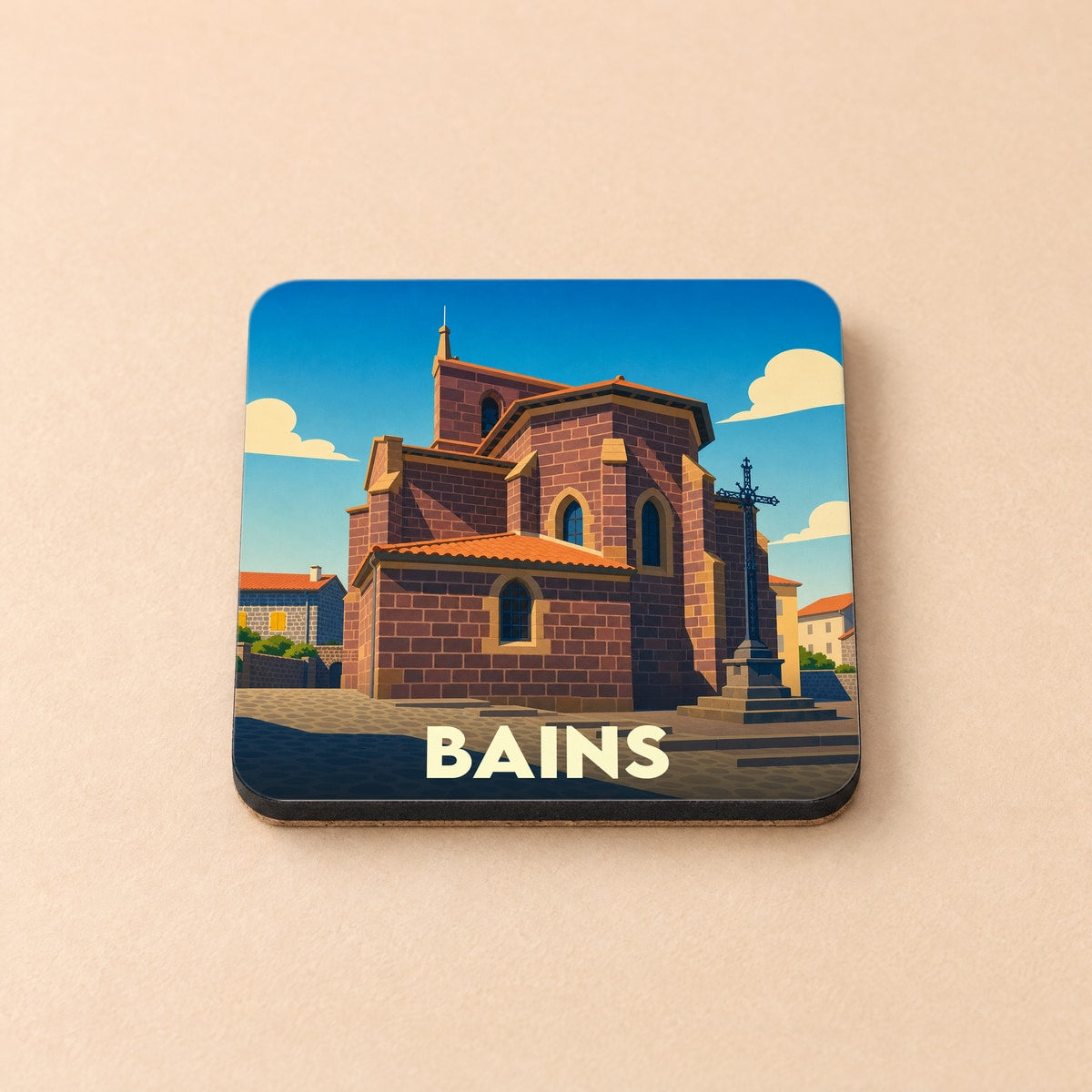 Dessous de verre souvenir de la ville de Bains avec une illustration stylisée de son église en pierre.