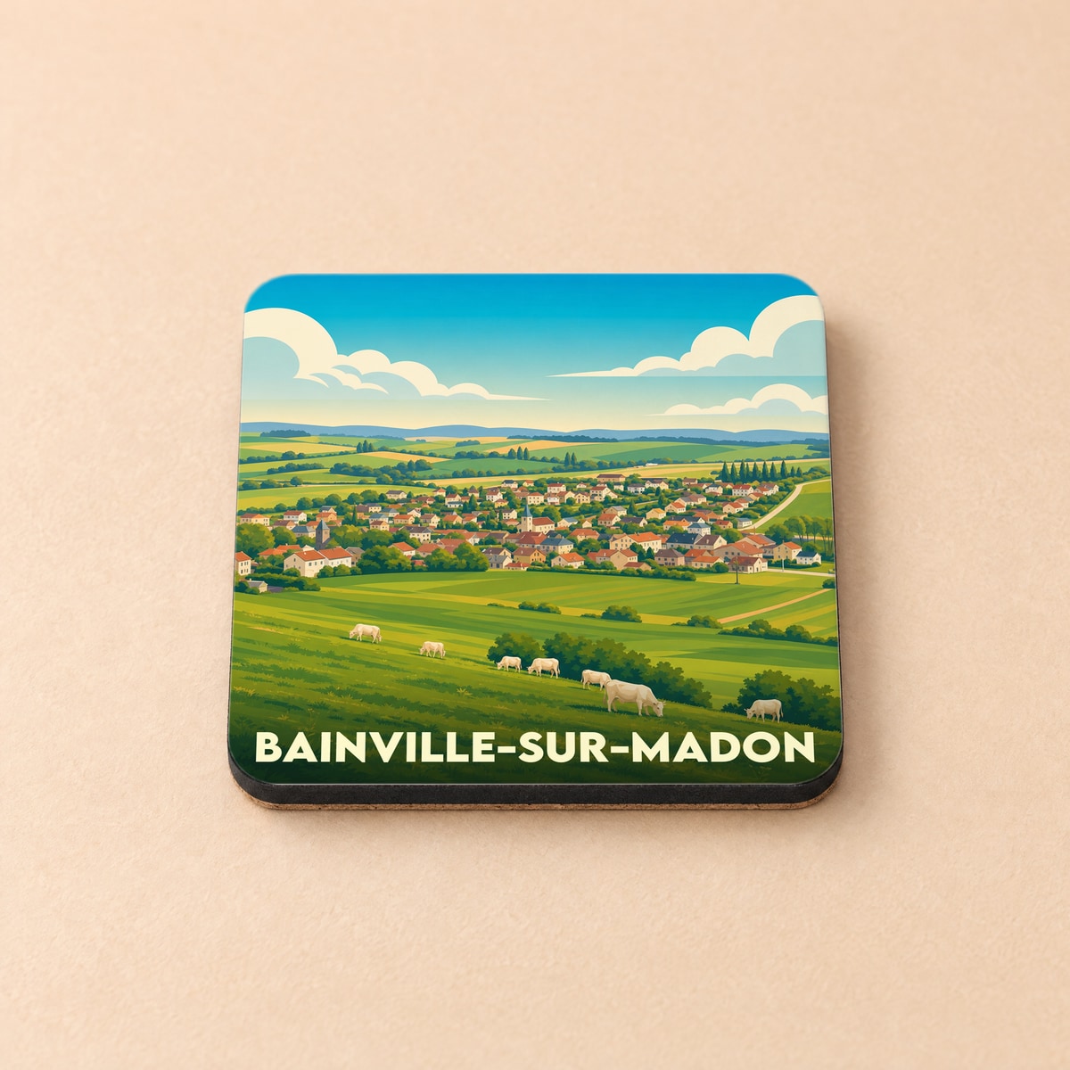 Dessous de verre souvenir de la ville de Bainville-sur-Madon avec une illustration paysagère stylisée.
