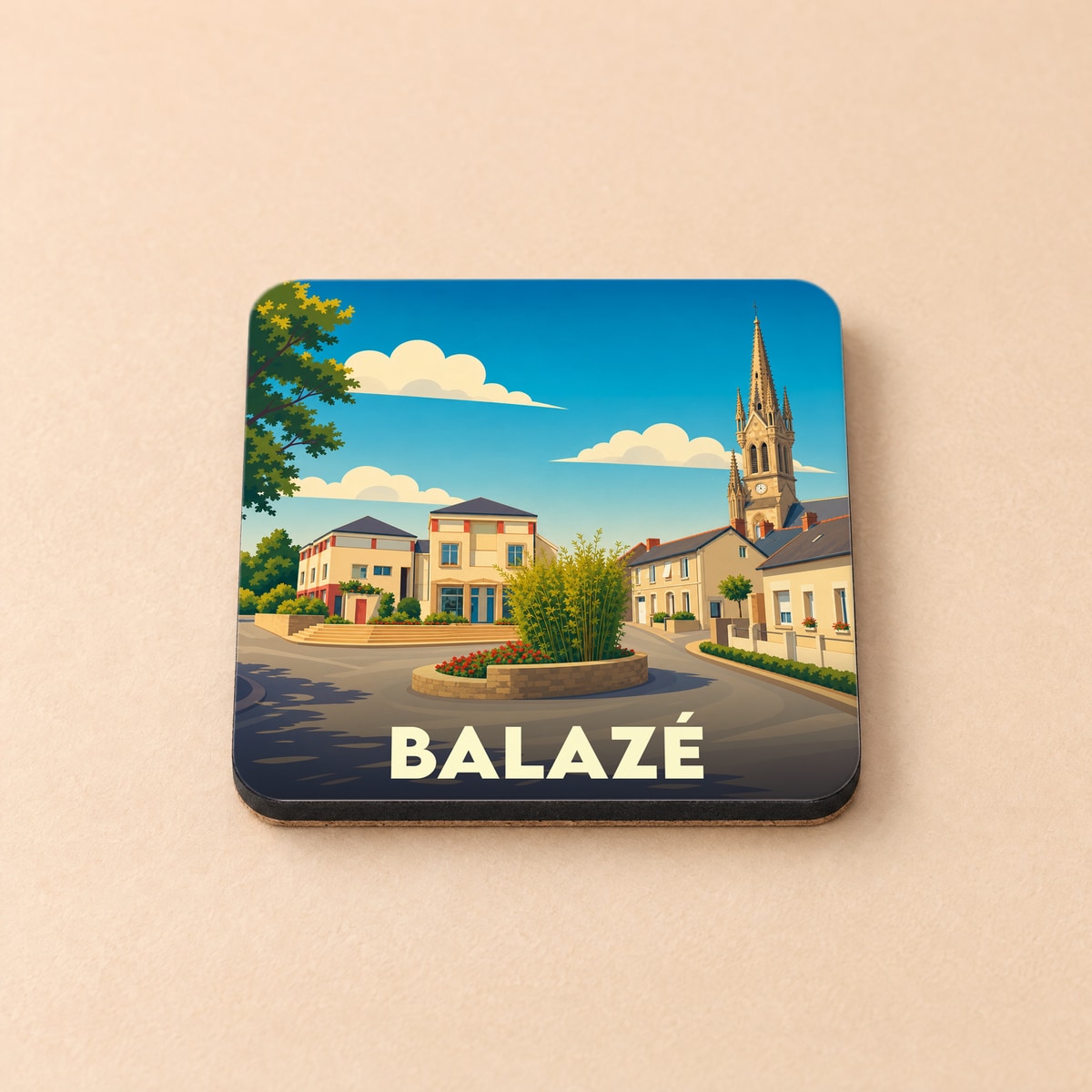 Dessous de verre souvenir de la ville de Balazé avec une illustration stylisée.