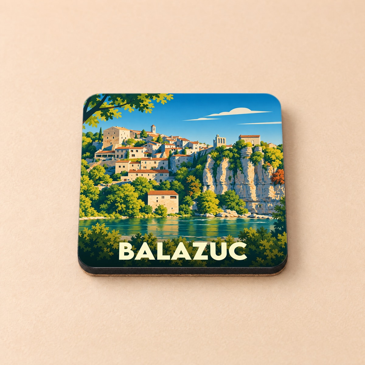 Dessous de verre souvenir de la ville de Balazuc avec une illustration stylisée des falaises et du village au bord de l'eau.