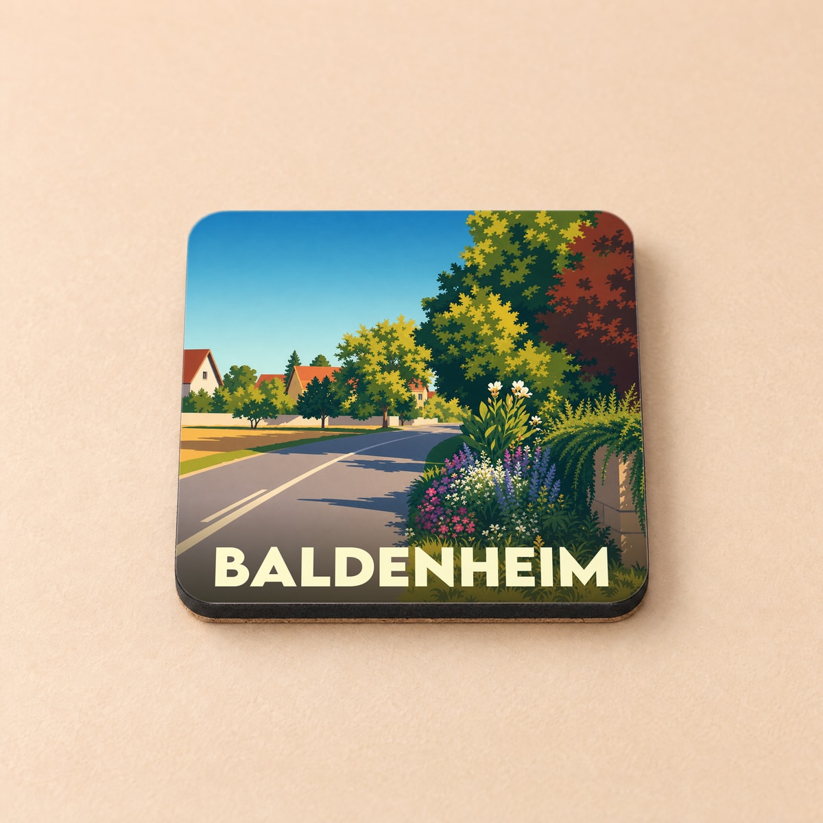 Dessous de verre souvenir de la ville de Baldenheim avec une illustration paysagère stylisée.