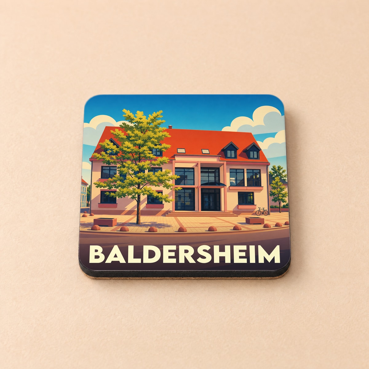 Dessous de verre souvenir de la ville de Baldersheim avec une illustration stylisée d'un bâtiment moderne.