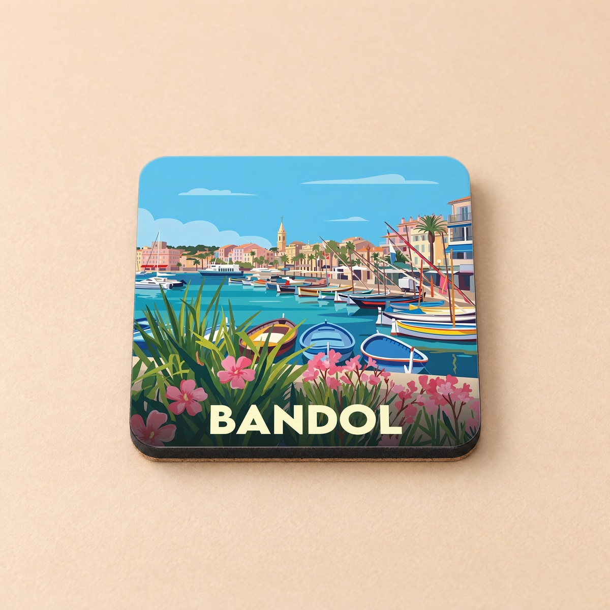 Dessous de verre souvenir de la ville de Bandol avec une illustration stylisée de son port.