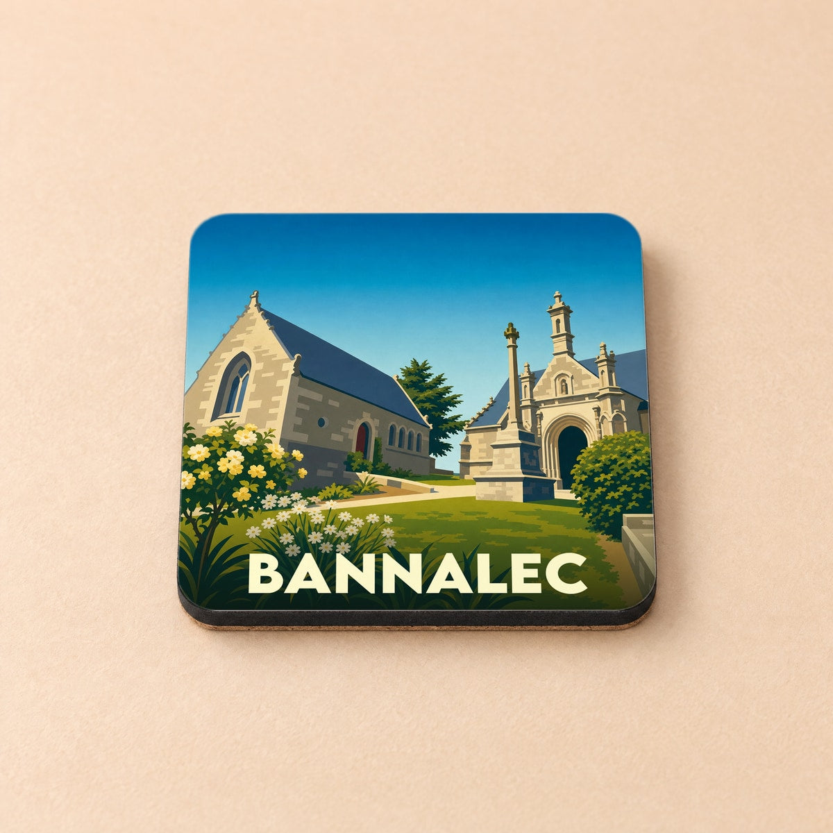 Dessous de verre souvenir de la ville de Bannalec avec une illustration stylisée de son patrimoine.