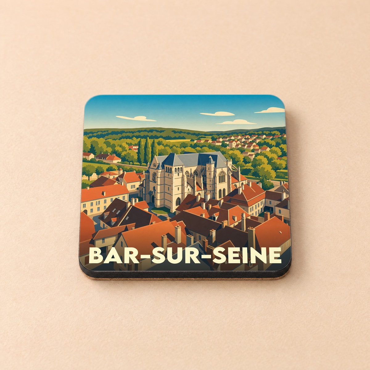 Dessous de verre souvenir de la ville de Bar-sur-Seine avec une illustration stylisée.