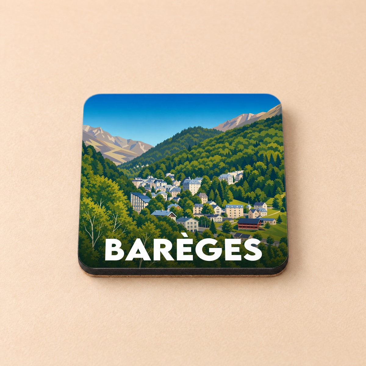 Dessous de verre souvenir de la ville de Barèges avec une illustration stylisée d'un village de montagne.
