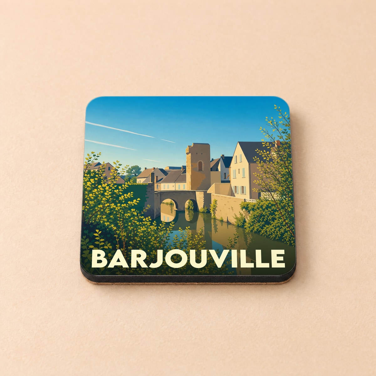 Dessous de verre souvenir de la ville de Barjouville avec une illustration stylisée de ses monuments et paysages.