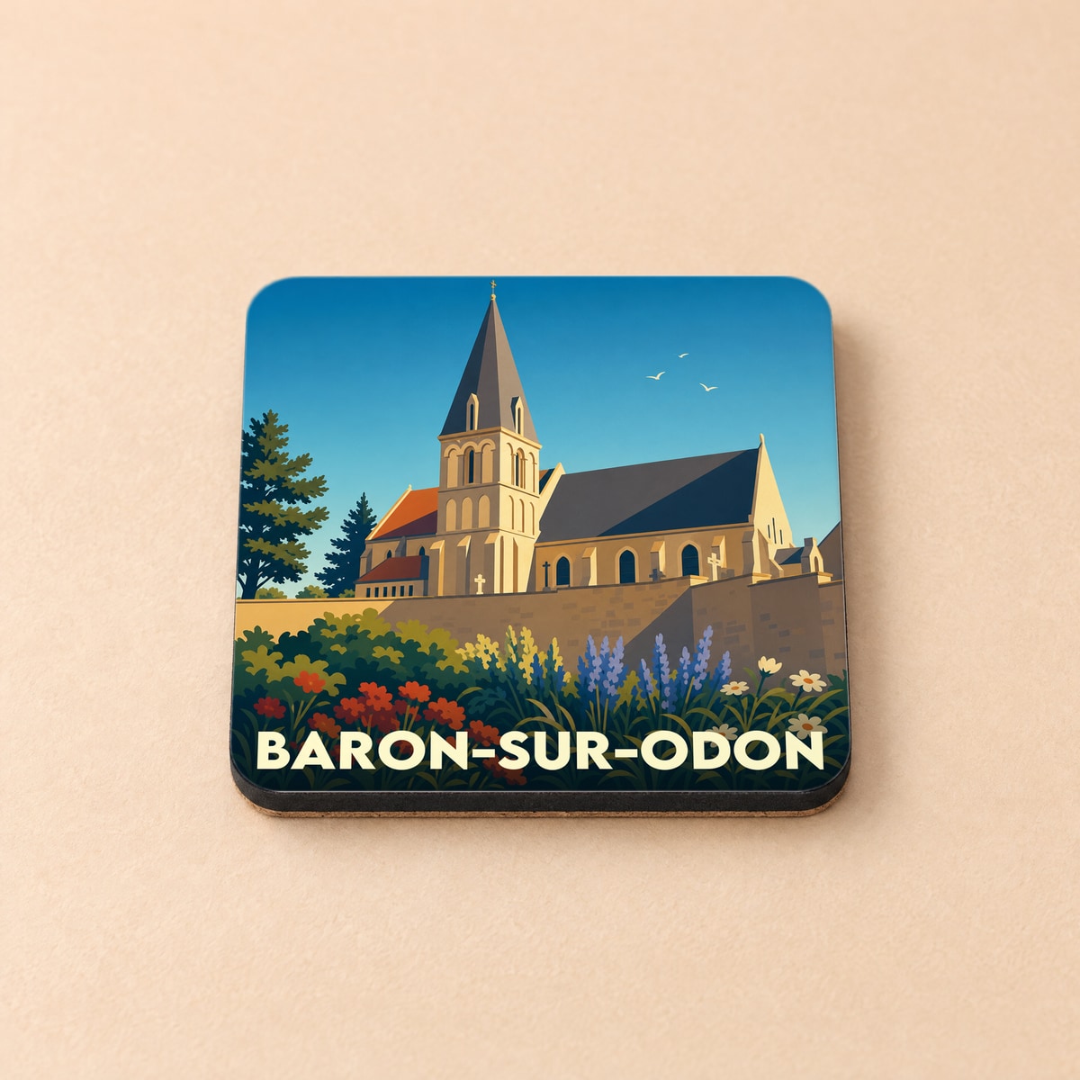Dessous de verre souvenir de la ville de Baron-sur-Odon illustré par une église stylisée et un jardin fleuri.