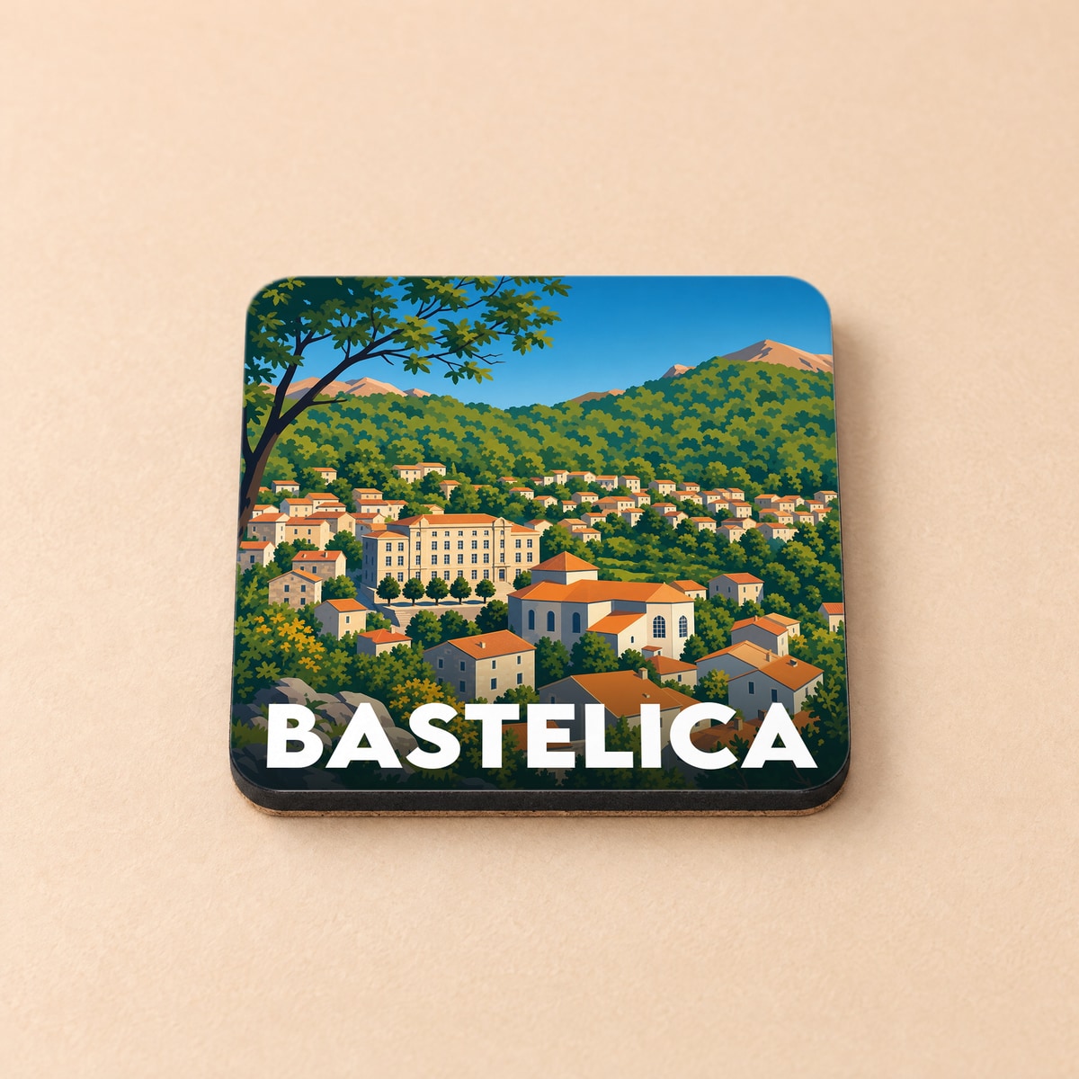 Dessous de verre souvenir de la ville de Bastelica avec une illustration stylisée.