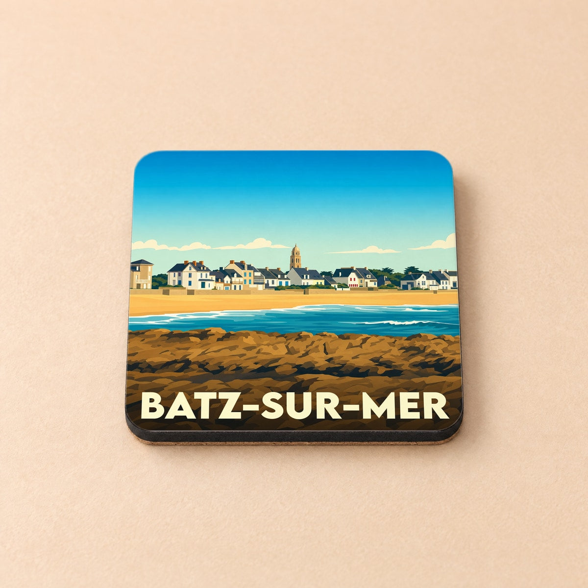 Dessous de verre souvenir de la ville de Batz-sur-Mer avec une illustration stylisée du littoral.
