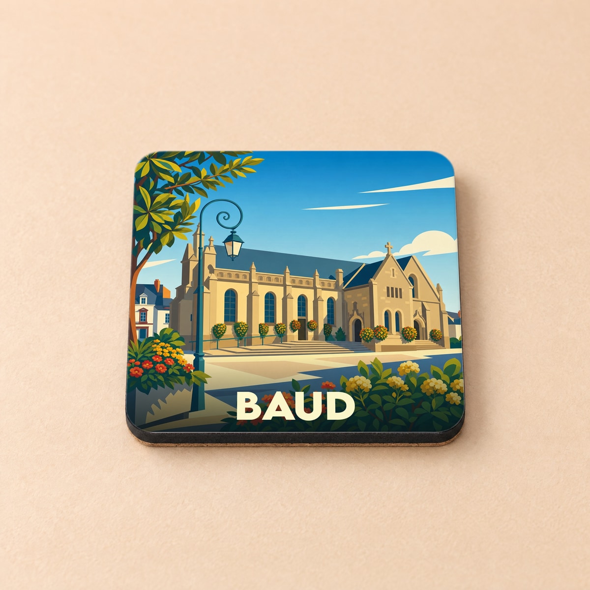 Dessous de verre souvenir de la ville de Baud avec une illustration stylisée de son église sous un ciel bleu.