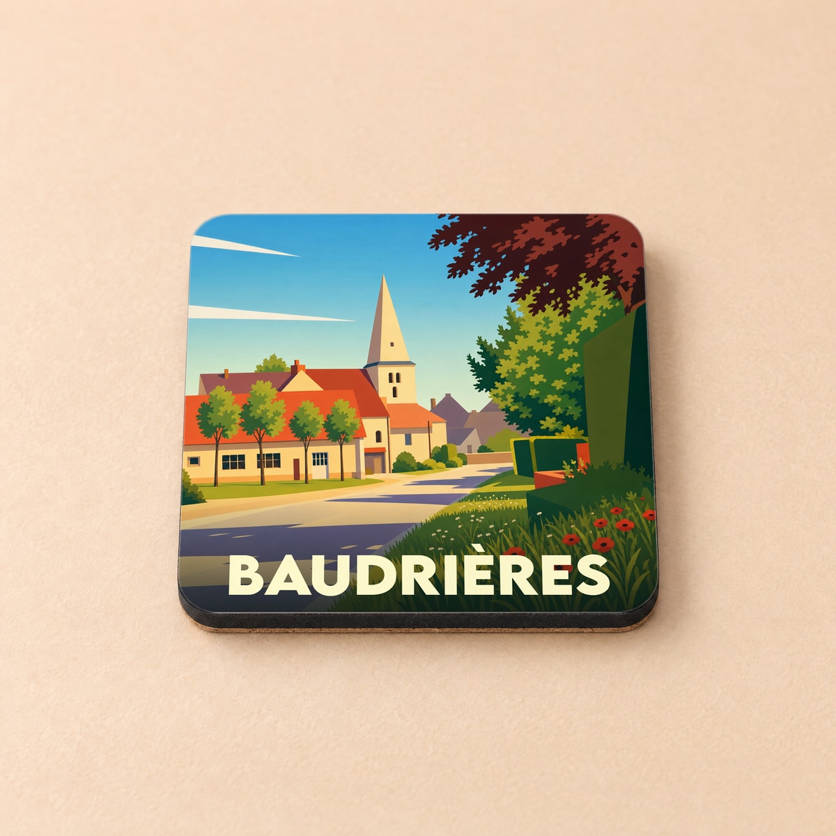 Dessous de verre souvenir de la ville de Baudrières avec une illustration stylisée d'un paysage de village.